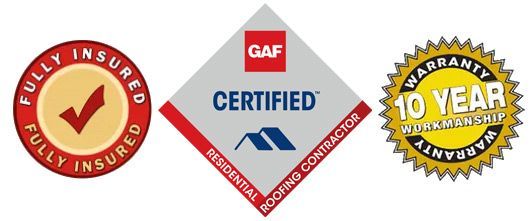 a fully insured logo and a 10 year workmanship warranty logo and a GAF certified logo