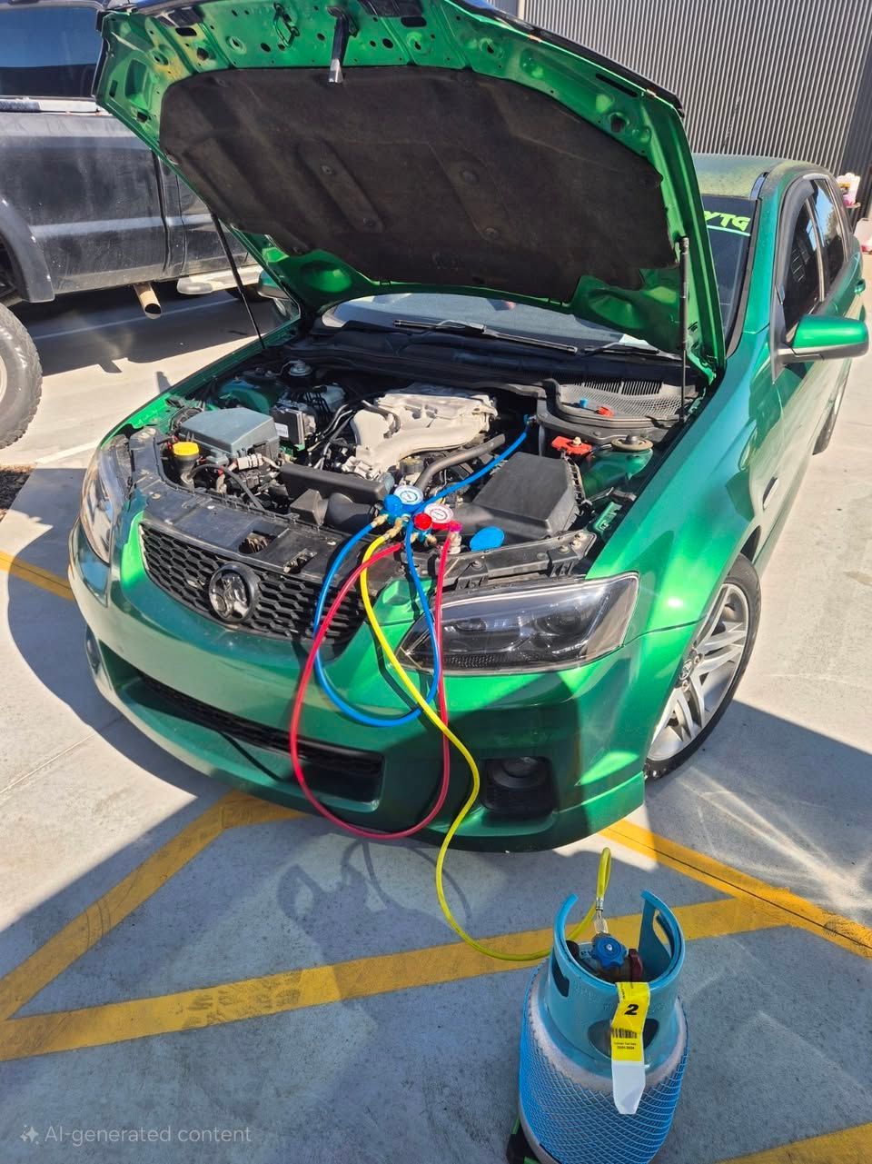 Green car with hood open, AC hoses connected for servicing. Outdoors, on pavement.— Genesis Automotive Services in Lavington, NSW
