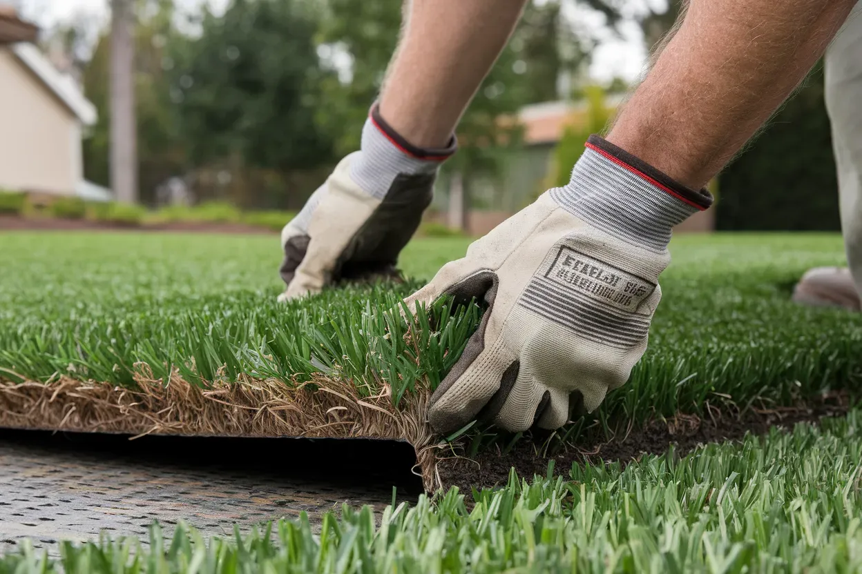 A man is mowing a lush green lawn with a lawn mower.