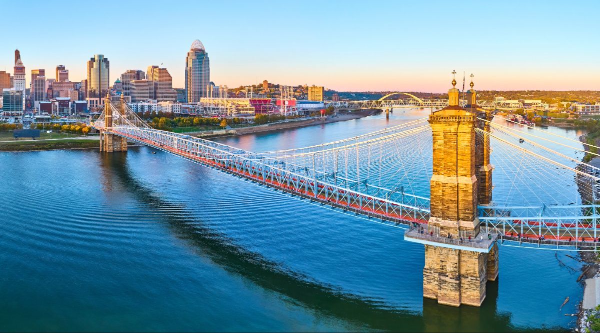 bridge over river with city skyline in background