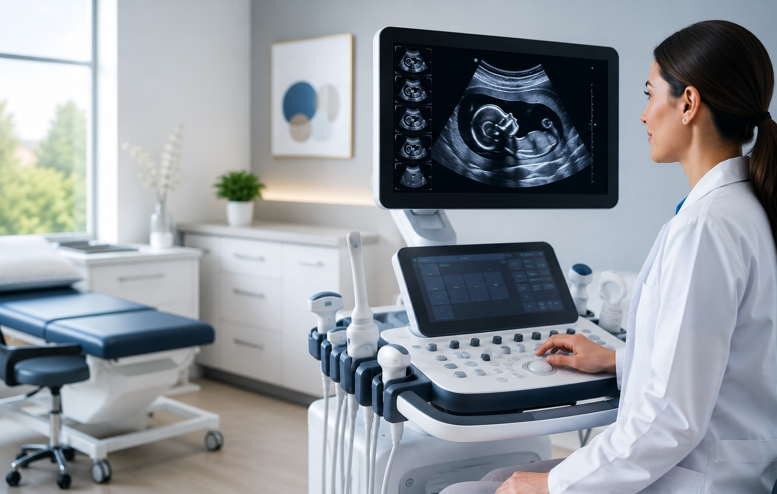 OB-GYN clinician operating a modern ultrasound system in a bright exam room, with a fetal sonogram