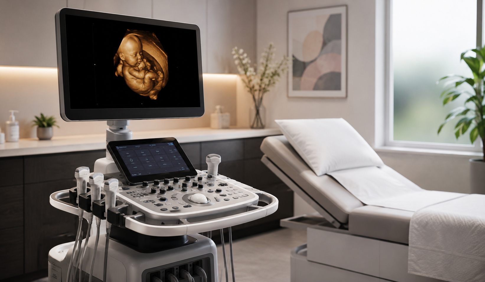 Modern OB/GYN ultrasound system displaying a 3D fetal image in a bright, comfortable women’s health