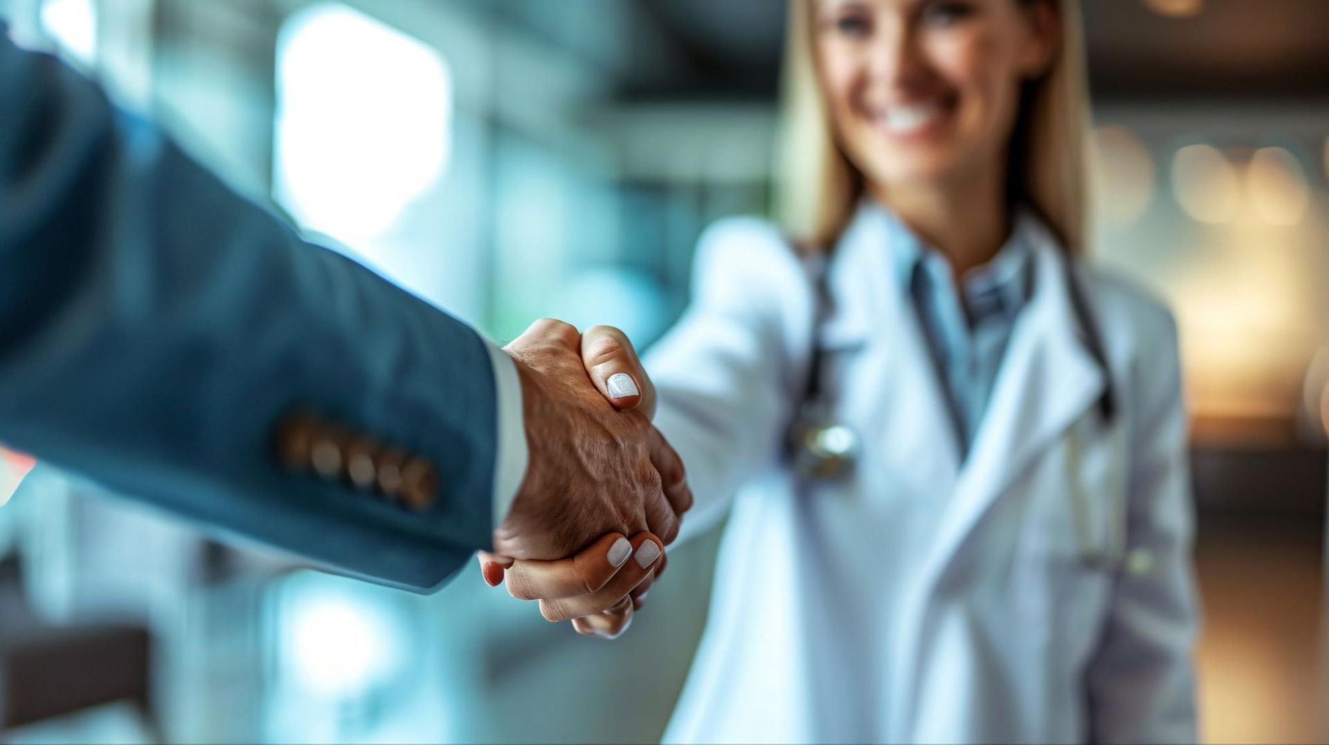 a man shakes hands with a female doctor