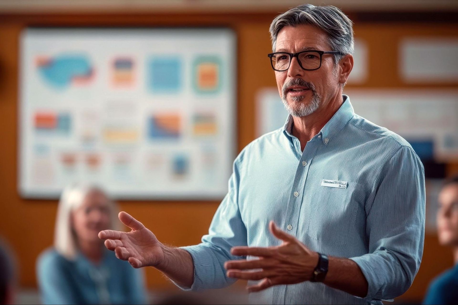 older man in glasses speaking to a room of people