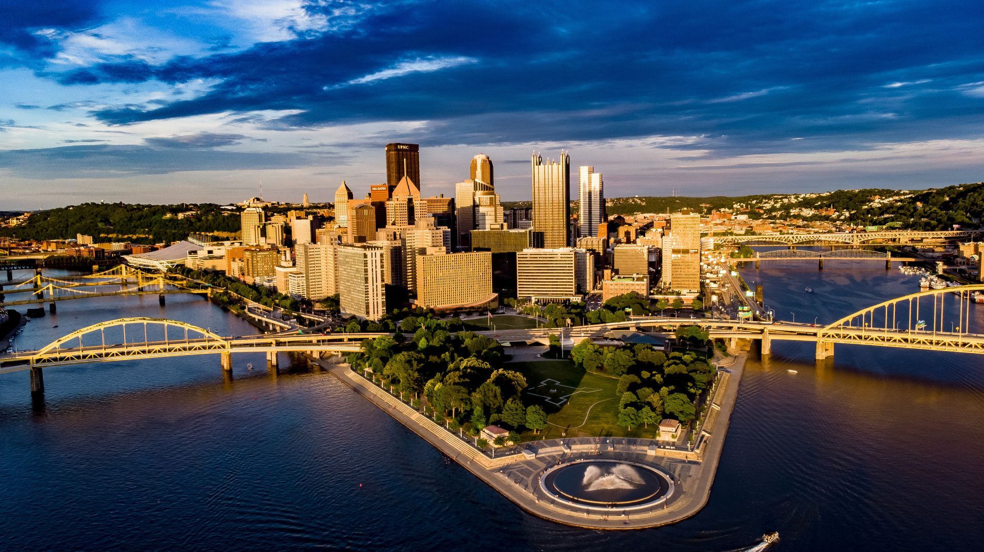 city skyline with rivers on both sides