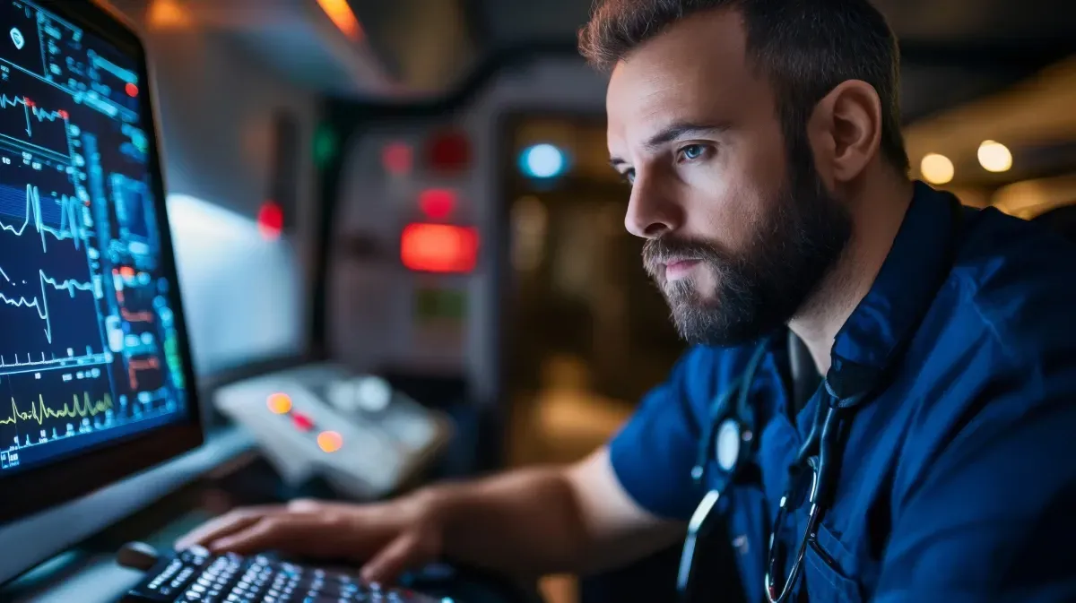 medical person views portable ultrasound machine data