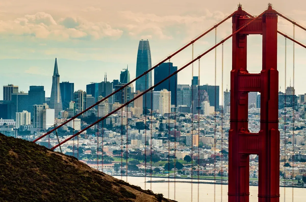 the golden gate bridge in front of the city skyline