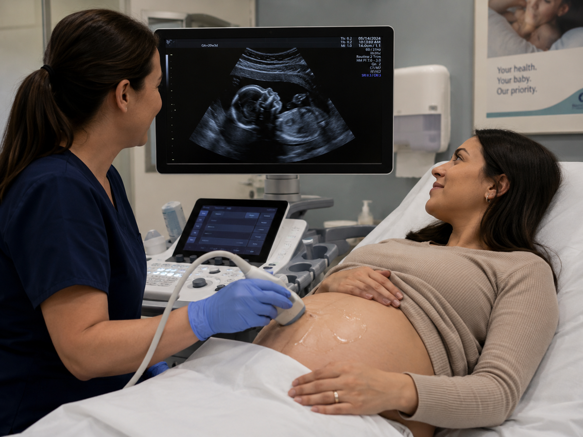 woman in bed gets fetal ultrasound 