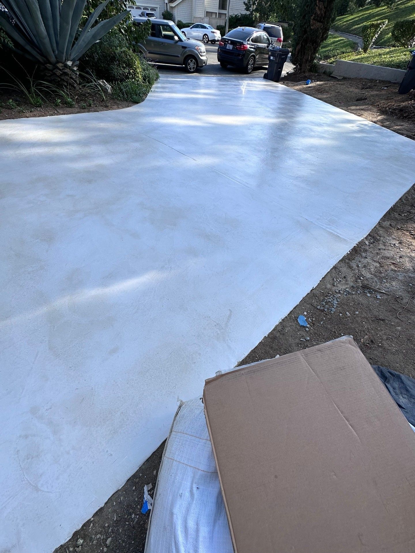 Newly poured white concrete driveway with cars and greenery in background.