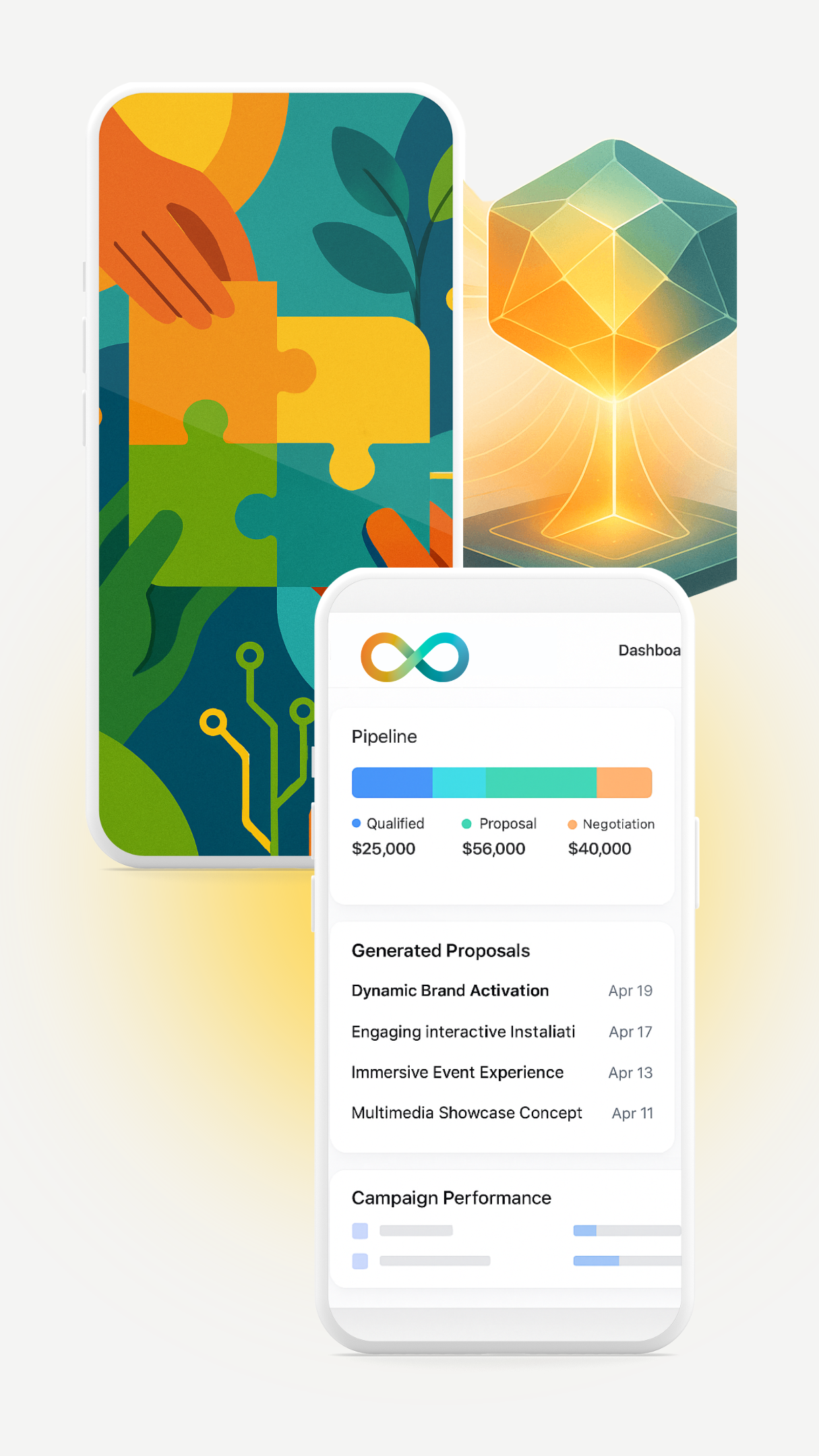 Phone UI showing pipeline, proposals, and campaign performance — Engageworks in action.