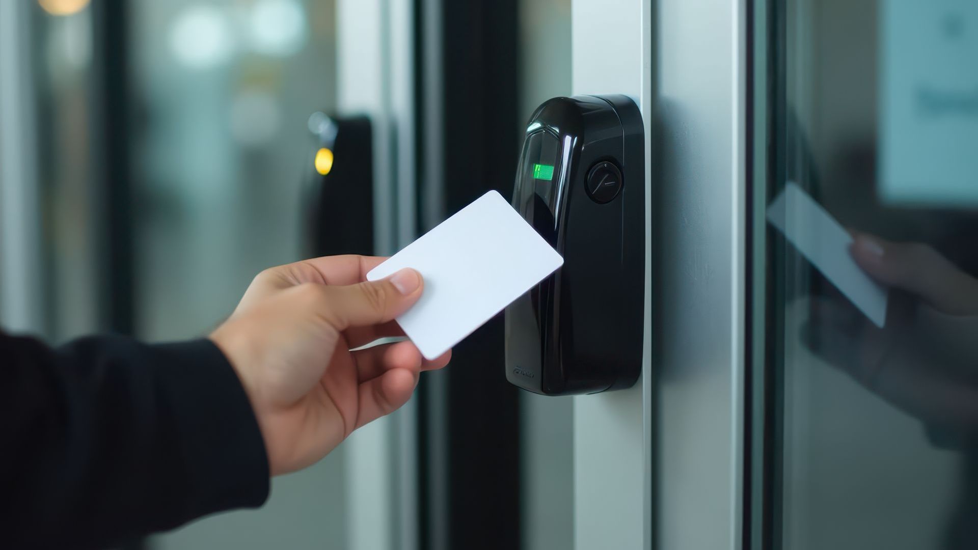Hand holding a white access card near a black card reader on a glass door.