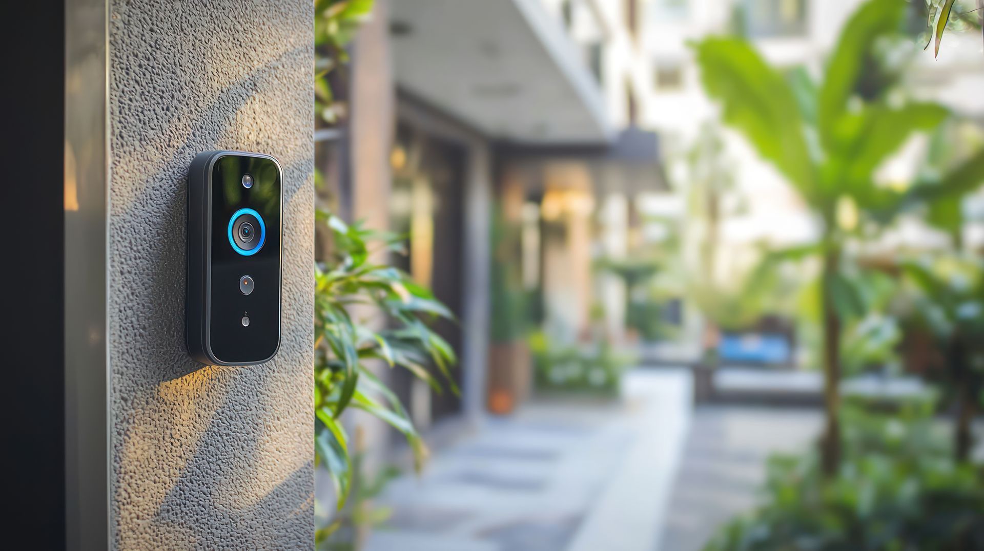 Black doorbell camera on a concrete wall, with plants and a blurred building in the background.