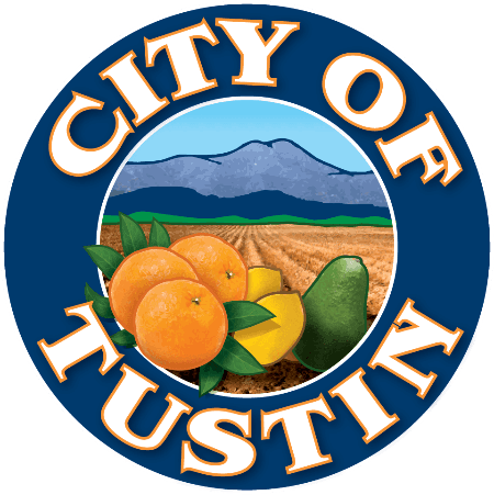 City of Tustin seal: oranges, mango, avocado, field, mountain, blue ring.
