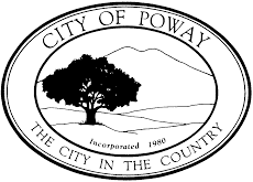 City of Poway seal: Tree in front of a mountain, encircled by text