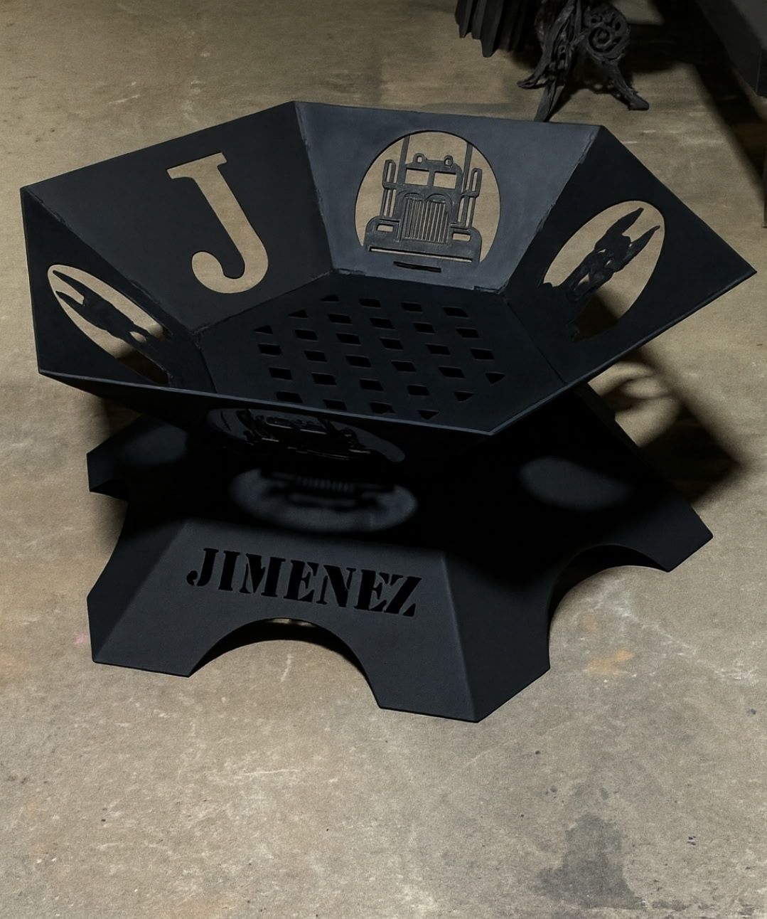 Black metal personalized fire pit with