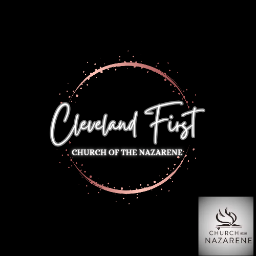 Logo for Cleveland First Church of the Nazarene, with white cursive text inside a rose gold glitter circle on black.