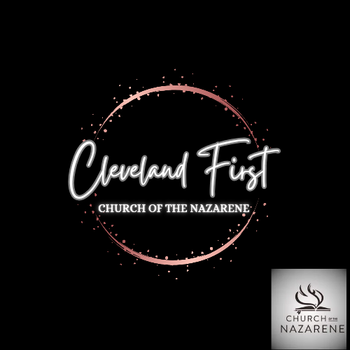 Logo for Cleveland First Church of the Nazarene, with white cursive text inside a rose gold glitter circle on black.