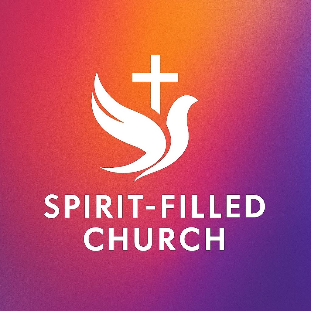 A white dove and cross icon above the text 