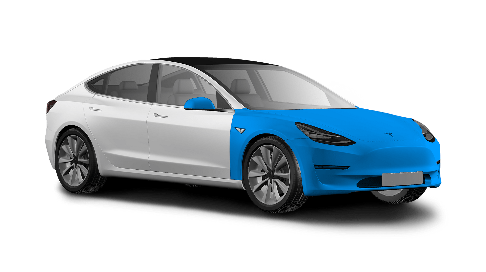 A white tesla model 3 with a blue front bumper on a white background.