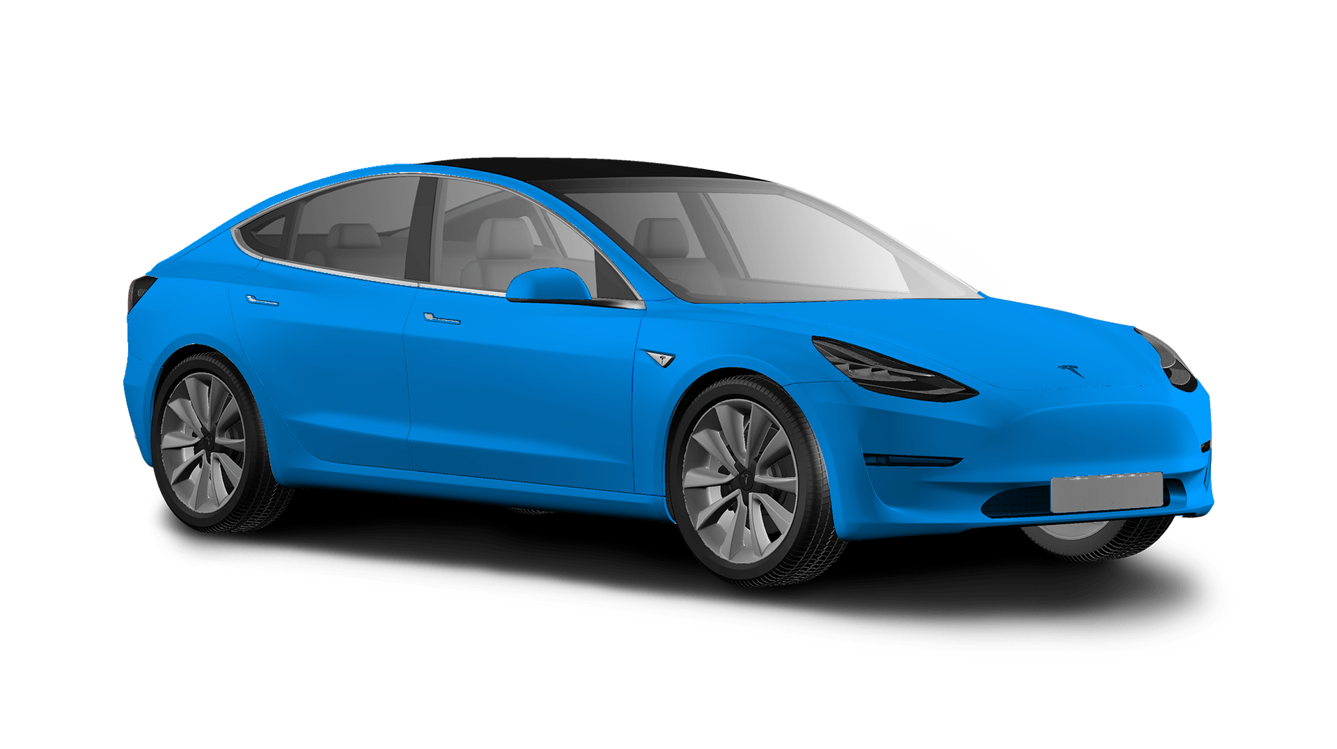 A blue tesla model 3 is shown on a white background.