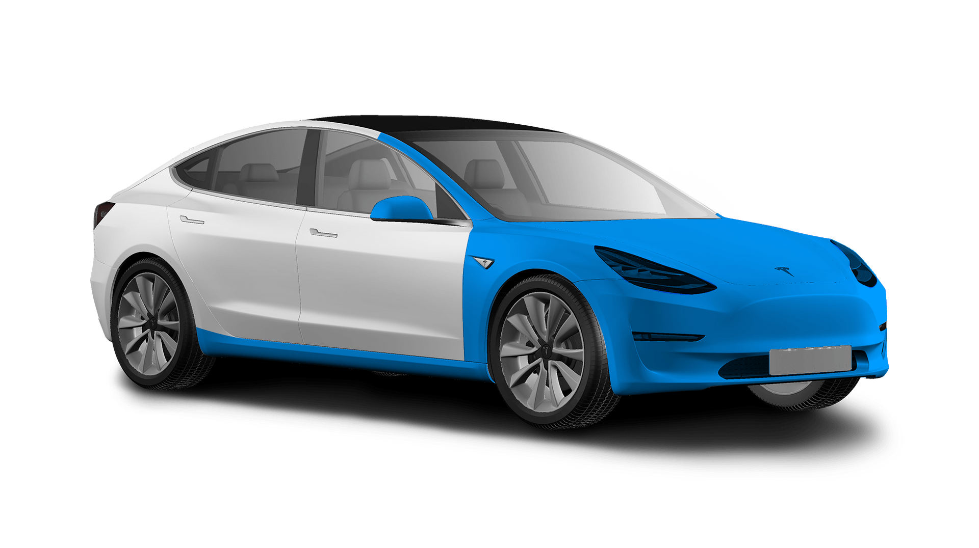 A white and blue tesla model 3 is shown on a white background.