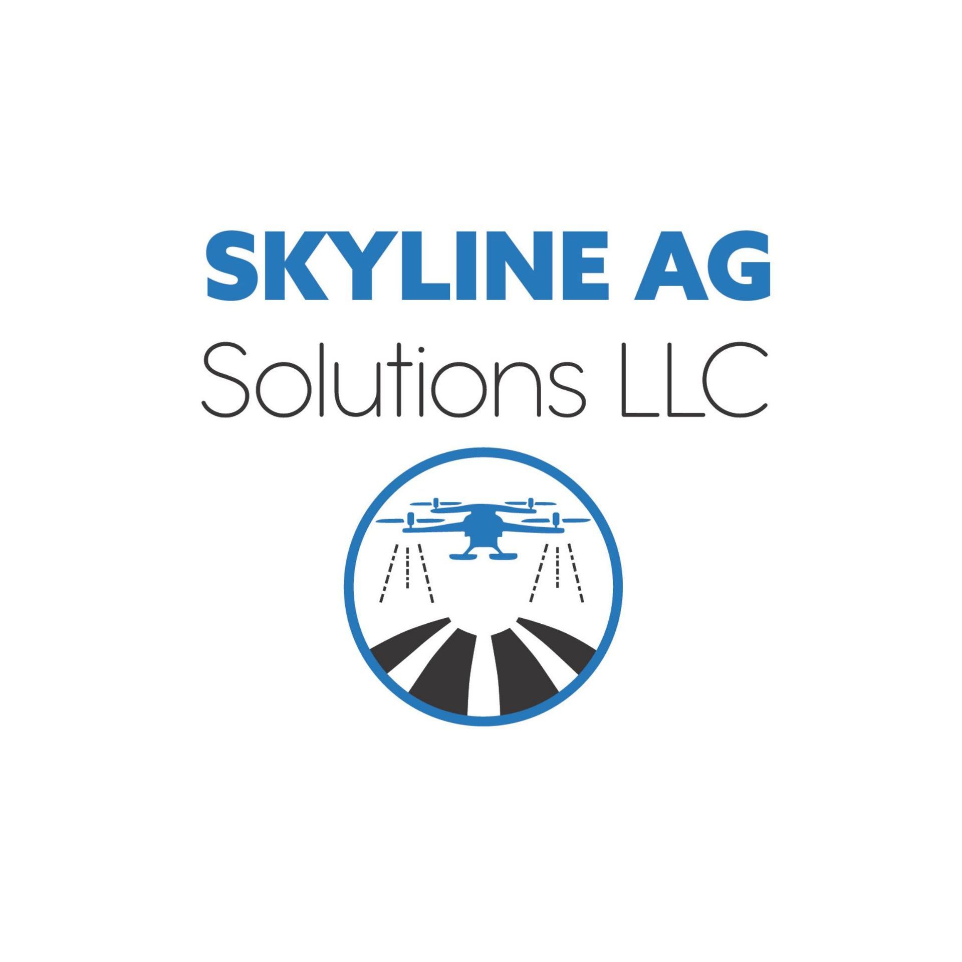 Logo of Skyline AG Solutions LLC: blue text and a drone spraying crops.