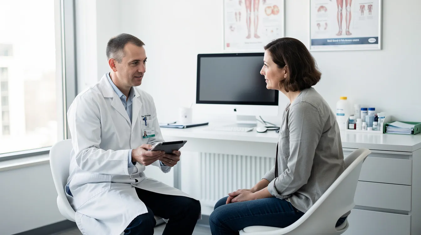 A medical professional is consulting with a patient in a modern clinical setting, discussing allergy symptoms and potential treatments for conditions like seasonal allergies and food allergies. The consultation may involve allergy tests to identify triggers and recommend appropriate allergy medications or allergy shots for relief.