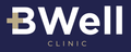 Logo for BWell Clinic, white text on dark blue background. Features a gold cross shape in the 'B' of the logo.