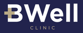 Logo for BWell Clinic, white text on dark blue background. Features a gold cross shape in the 'B' of the logo.