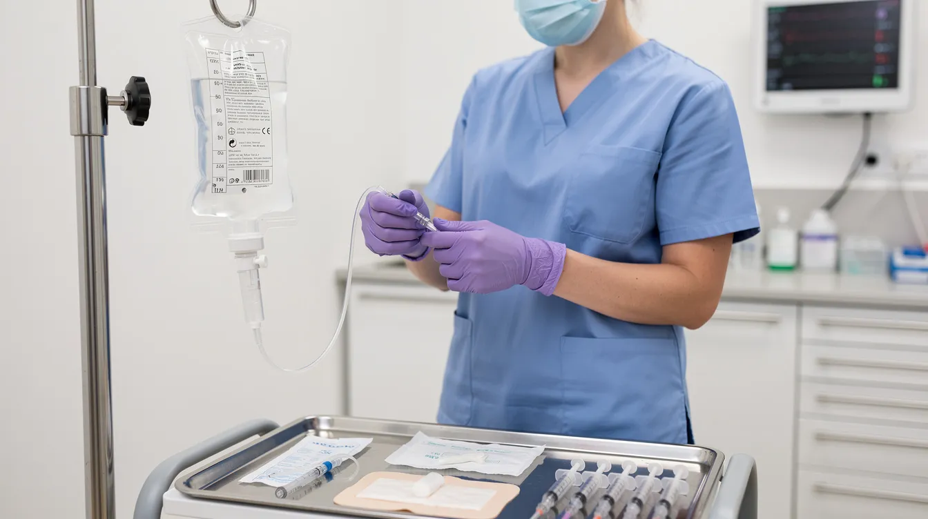 A healthcare worker in blue scrubs and purple gloves prepares an IV bag in a medical clinical setting.