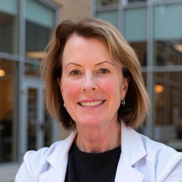 Woman with short blonde hair smiles in a white coat, outdoors in front of a building.
