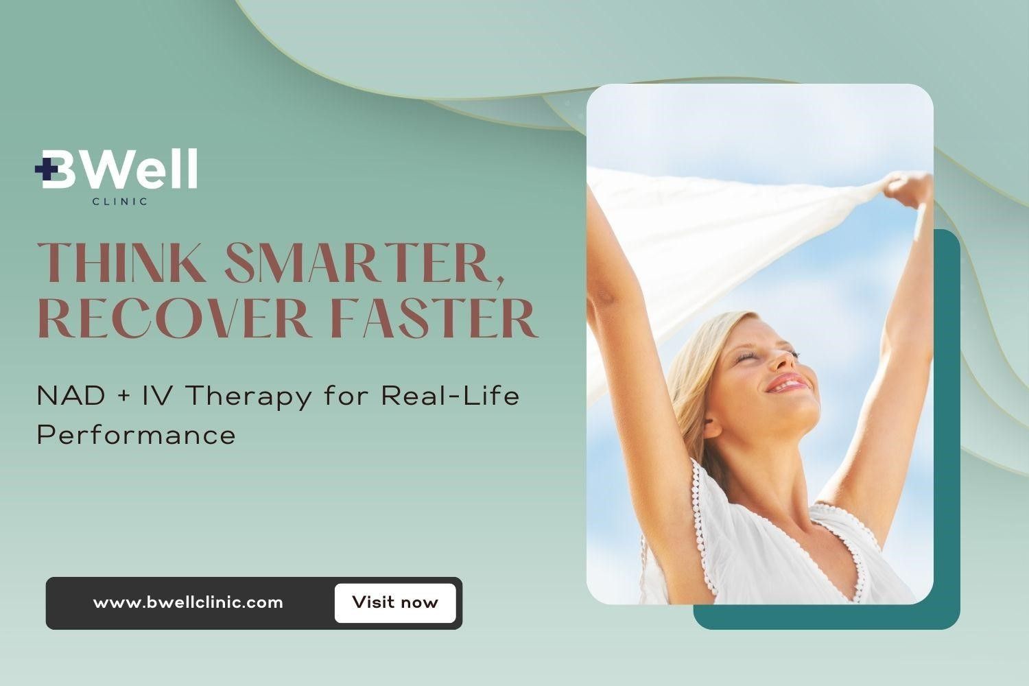 Woman smiling, holding up fabric, with text promoting NAD IV therapy for performance; in front of blue and green background.
