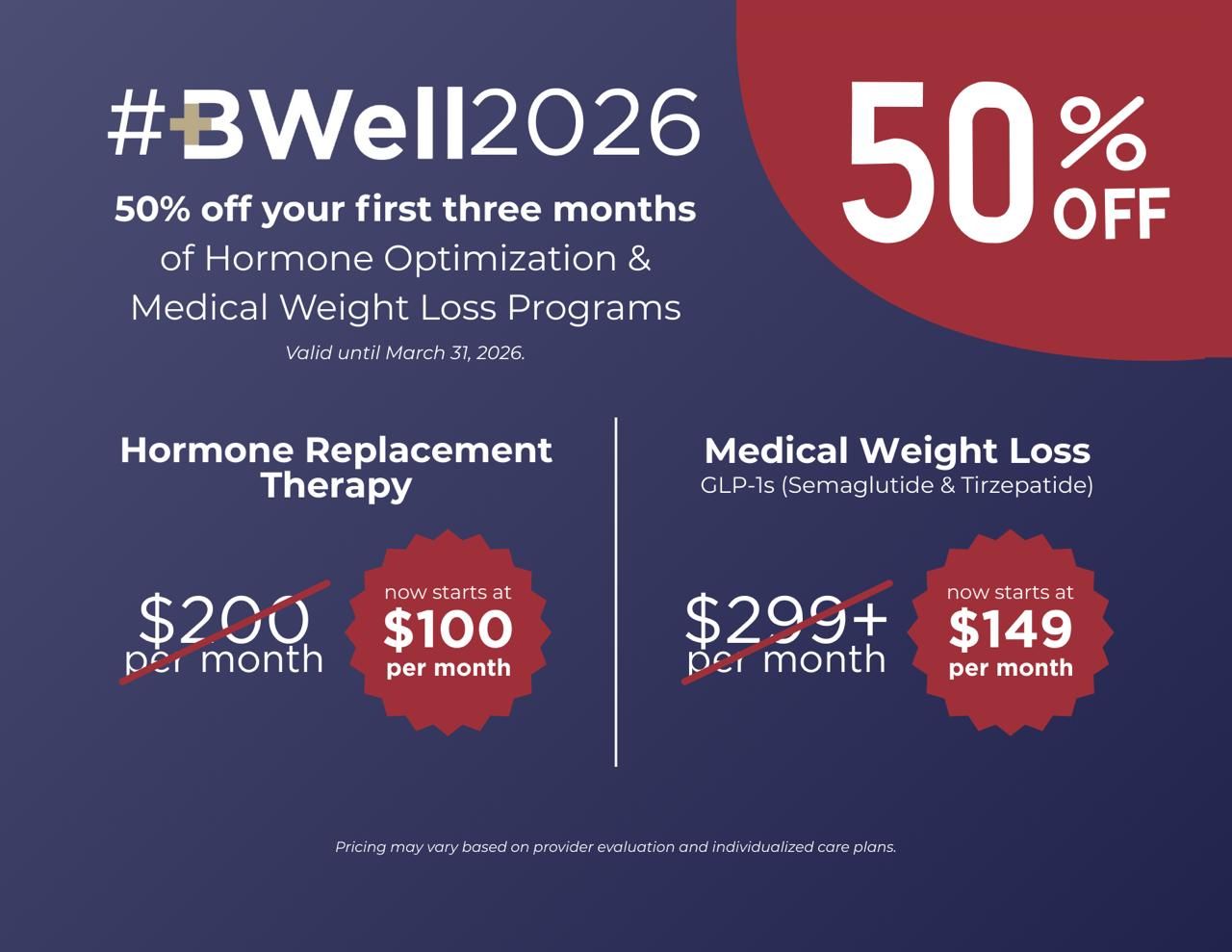 Logo for BWell Clinic: White text on navy background. 