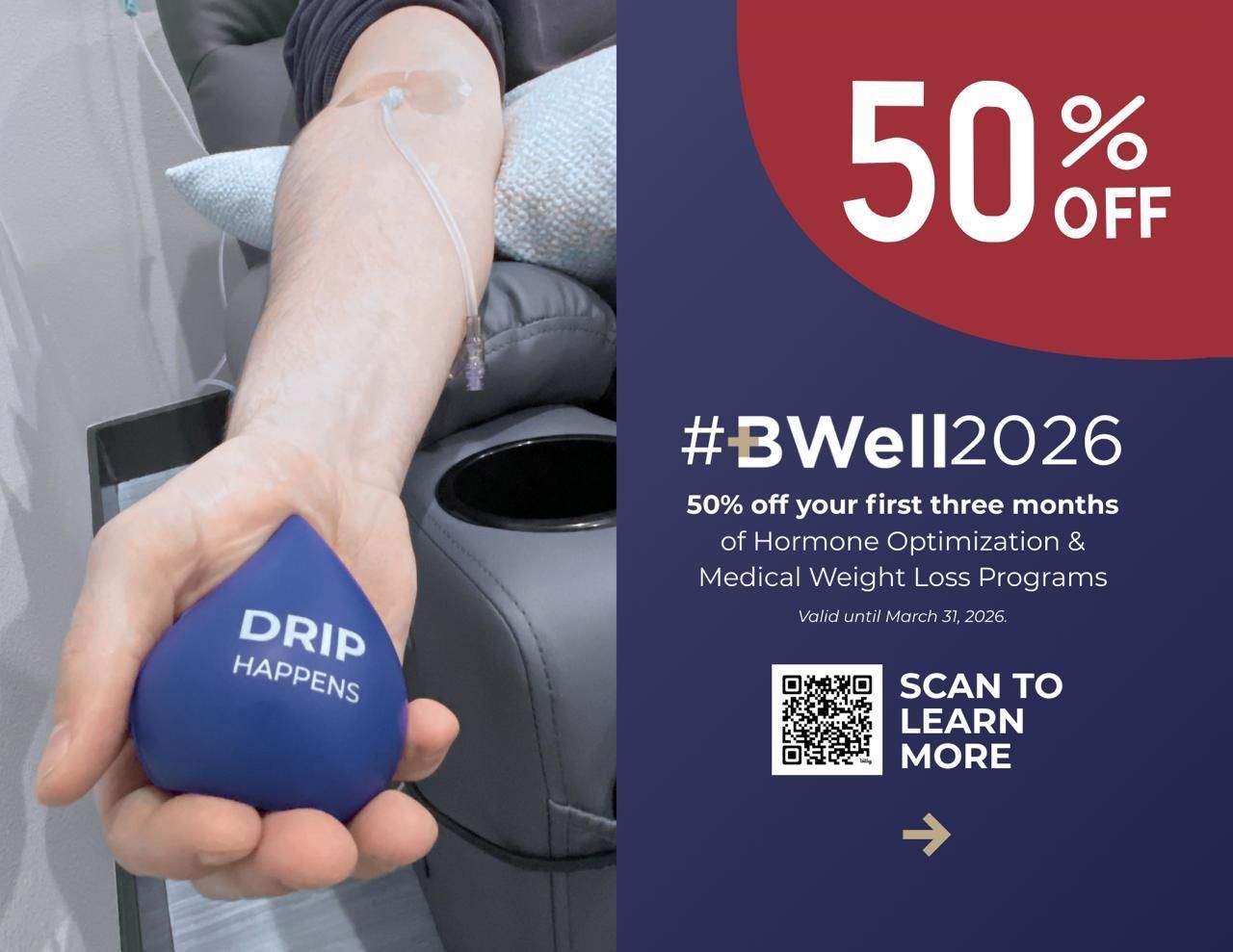 Person holding a blue water-drop shaped stress ball with an IV drip in their arm, promoting a medical weight loss program with a 50% off discount.