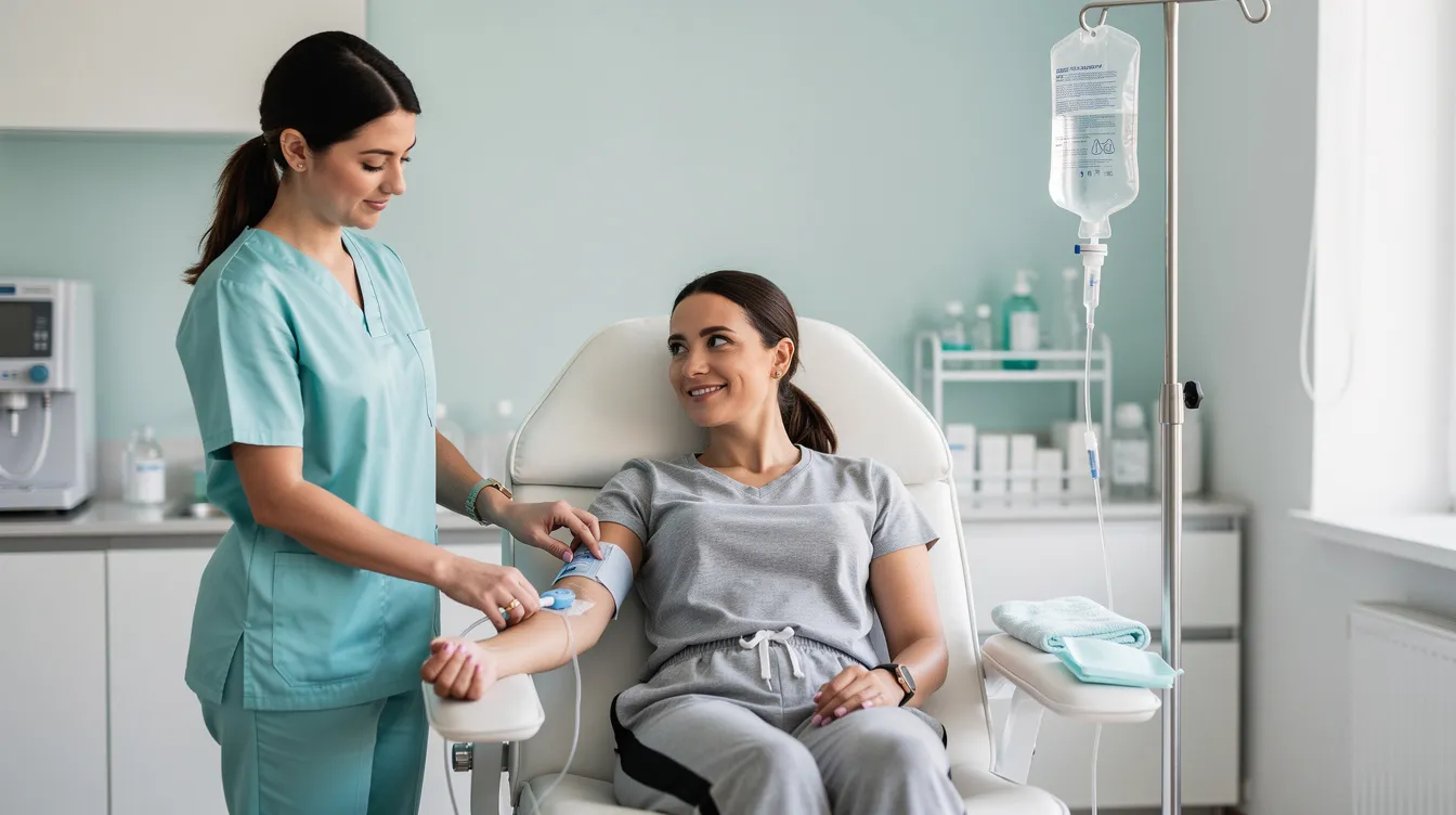 The image shows a woman sitting comfortably in a clinic while receiving IV hydration therapy, with a registered nurse nearby administering the IV drip. The woman appears relaxed as essential vitamins and nutrients are delivered directly into her bloodstream, supporting her overall health and wellness goals.