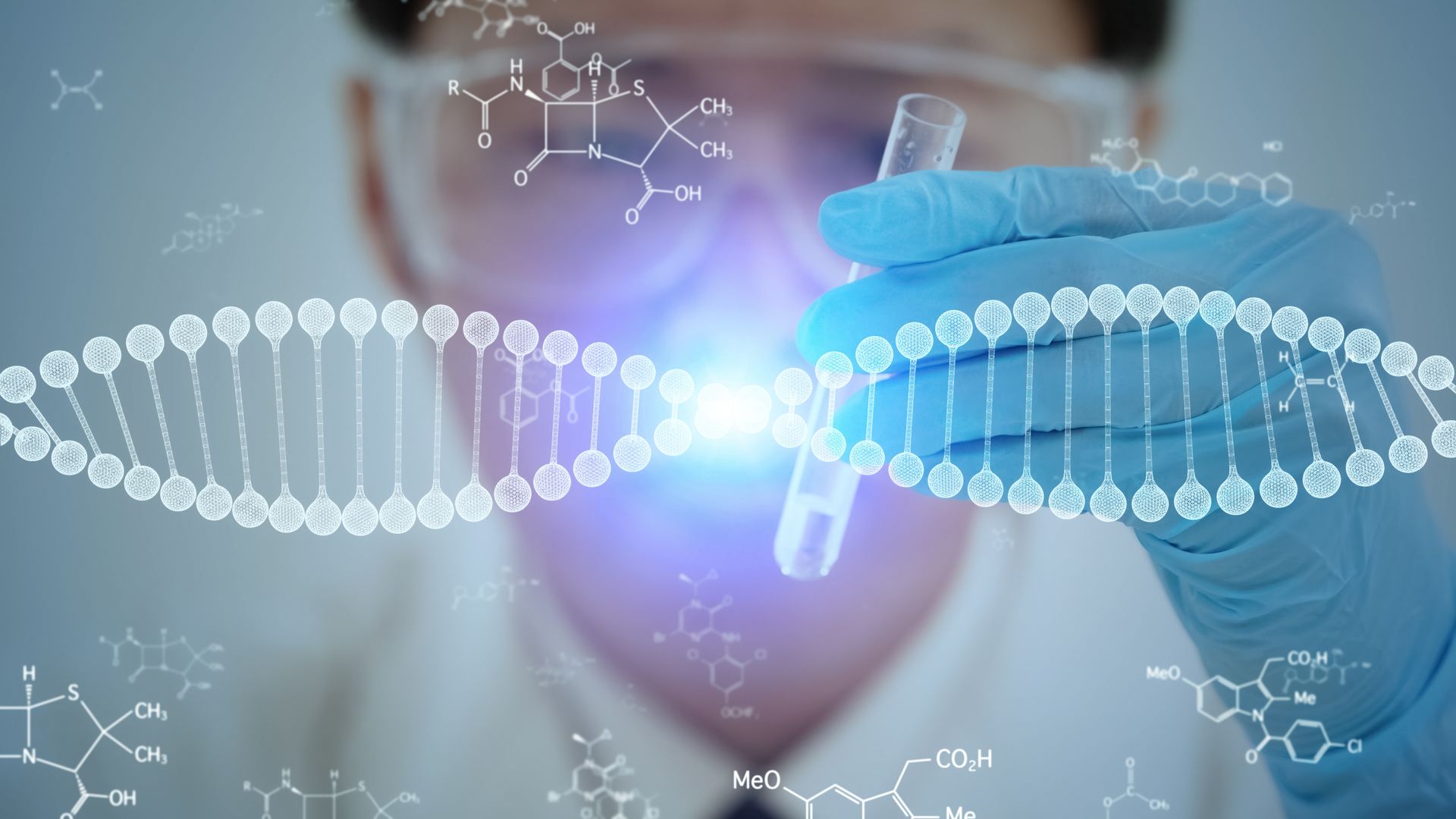Scientist holding a test tube, with a DNA strand overlay, science laboratory setting.