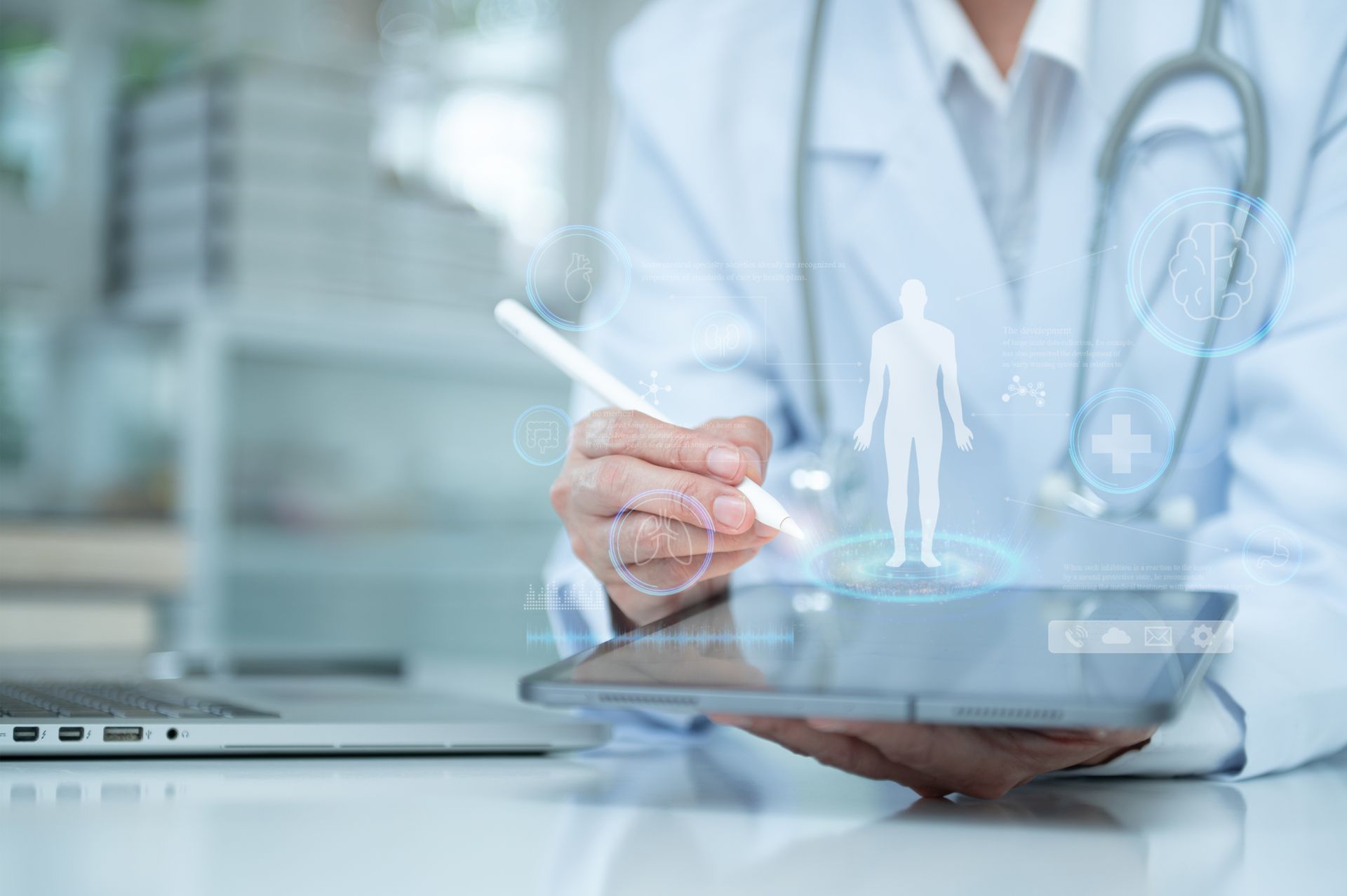 Doctor smiling, reviewing chart with patient in office. White coat, stethoscope, bright setting.