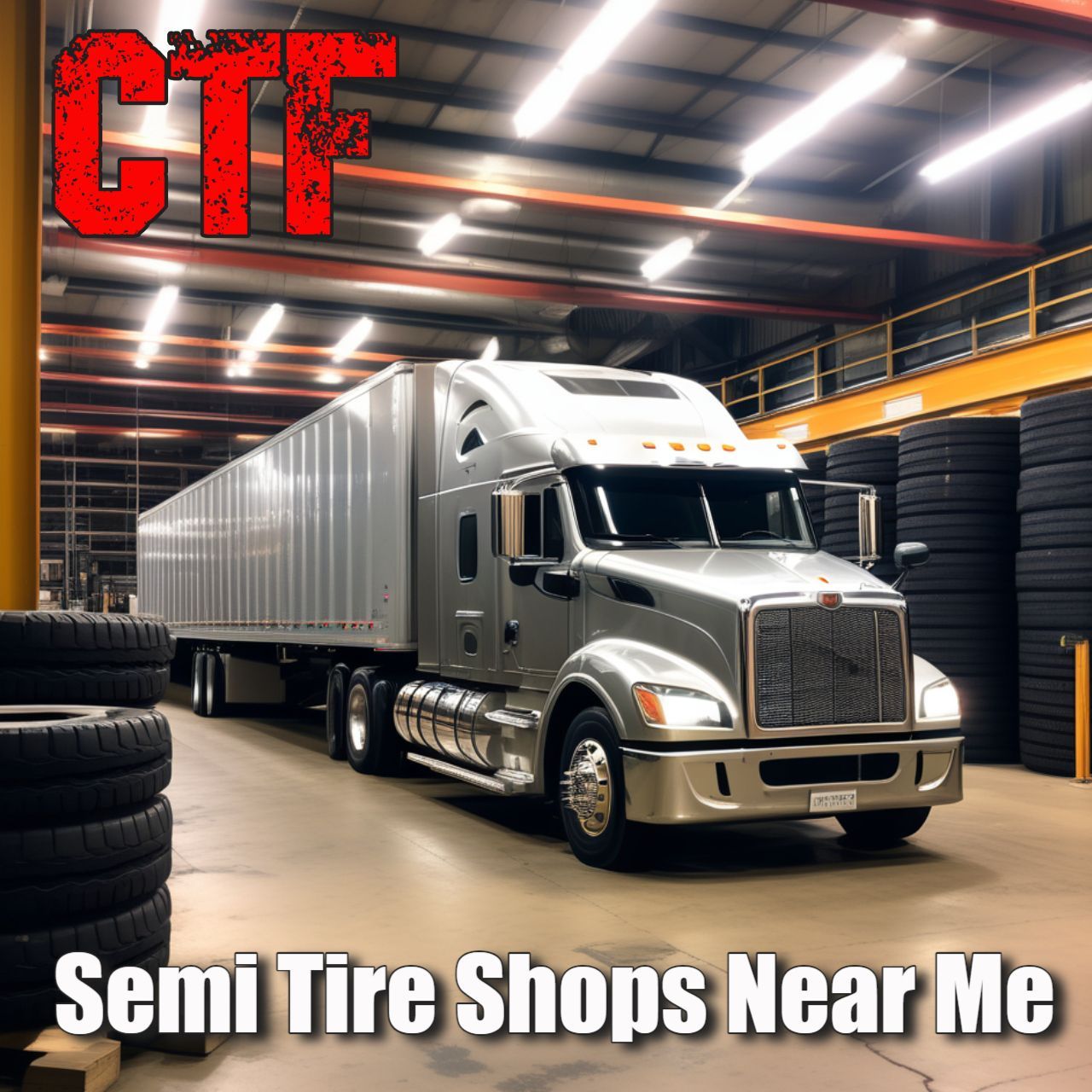 semi truck in a warehouse with the words semi tire shops near me