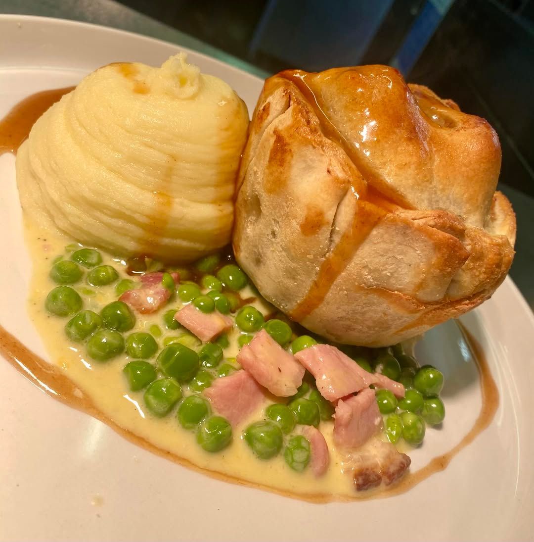 Pie week Mashed potatoes, pastry pie with gravy, peas &  ham in creamy sauce.  Delicious food at the Boot & Shoe, Waterfoot.