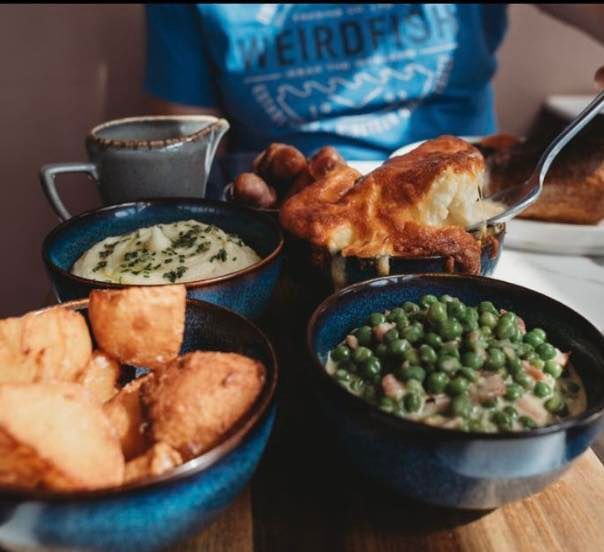 Close-up of a table setting with a roast dinner: Sunday Lunch at the Boot & Shoe, Waterfoot, Rossendale