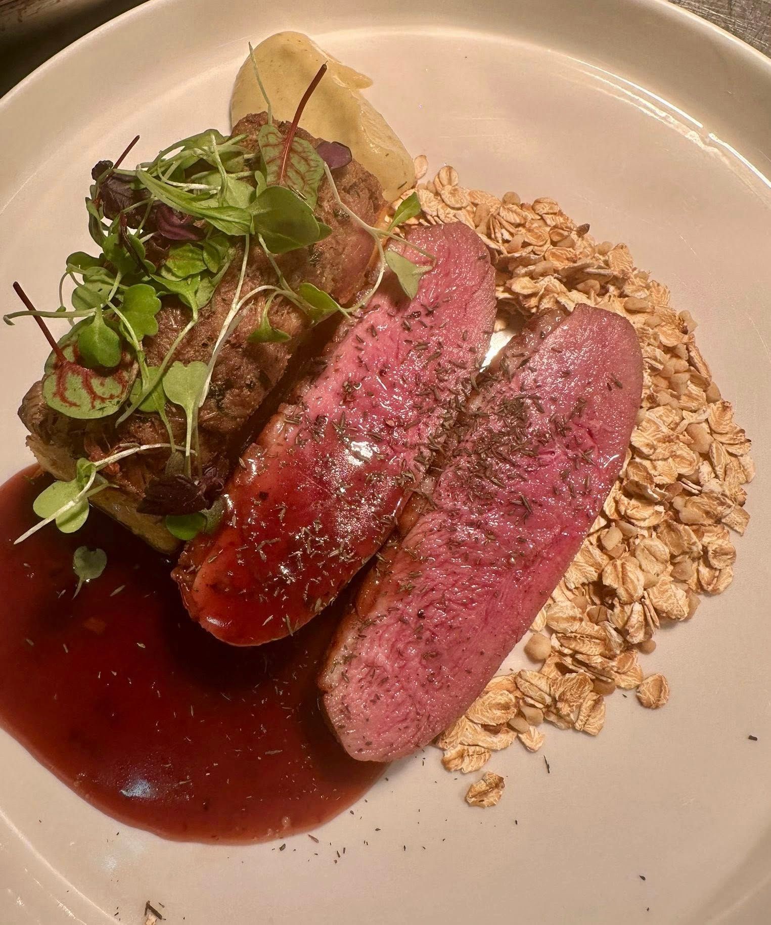 Saturday Night Menu, special occasions at the Boot & Shoe Waterfoot. Seared duck breast and croquette, red wine reduction