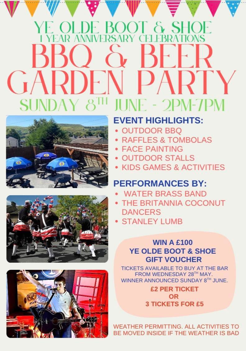Flyer for a BBQ & Beer Garden Party. Giveaway. Beer Garden, Summer Garden Party at the Boot & Shoe, Waterfoot