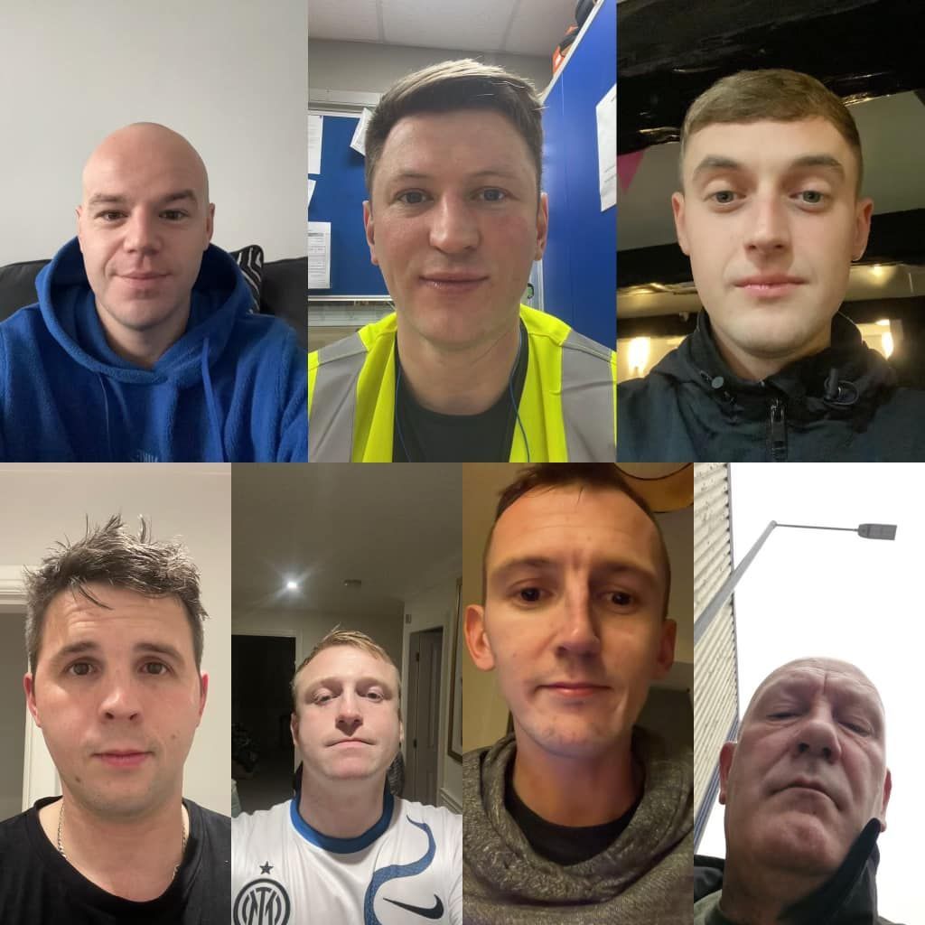 Seven men, posing for selfies. Raising money for Pendleside Hospice with the Boot & Shoe, Waterfoot