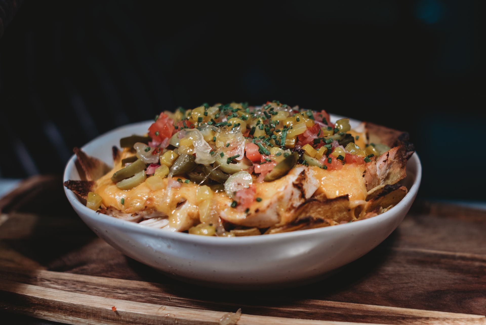 Nachos, with cheese, tomatoes, jalapeños, and herbs. Food at the Boot & Shoe, Waterfoot, Rossendale