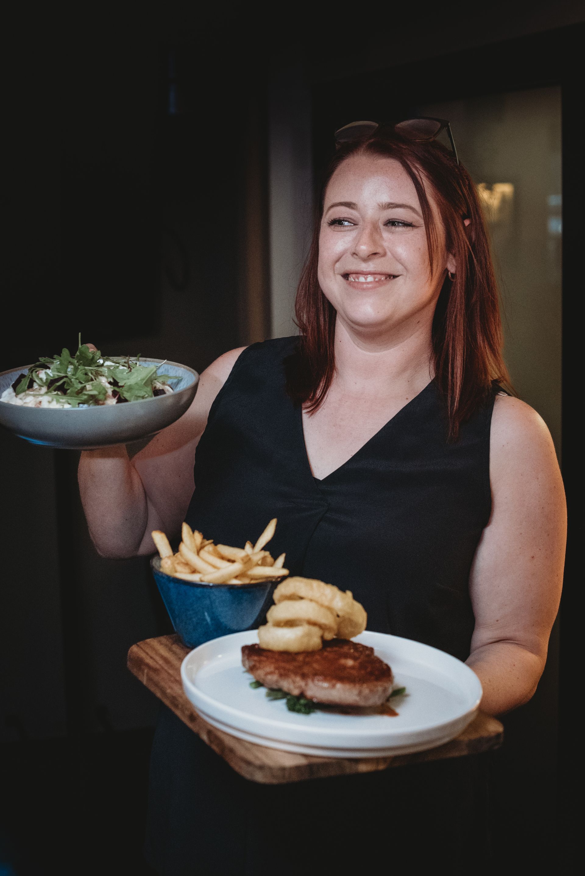 Steak, onion rings, fries, and a salad in a restaurant. Happy. Good times at the Boot &Shoe Waterfoot, Rossendale
