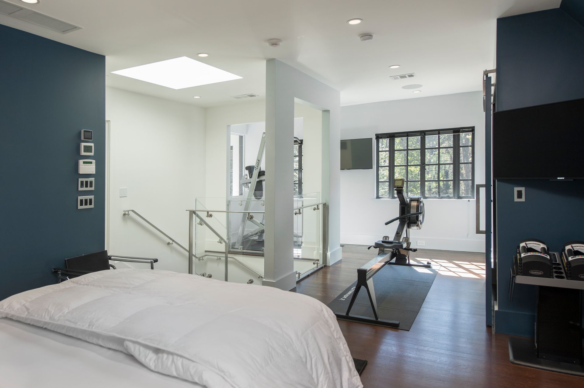 Bedroom with workout equipment, featuring blue accent walls, a skylight, and glass railings.