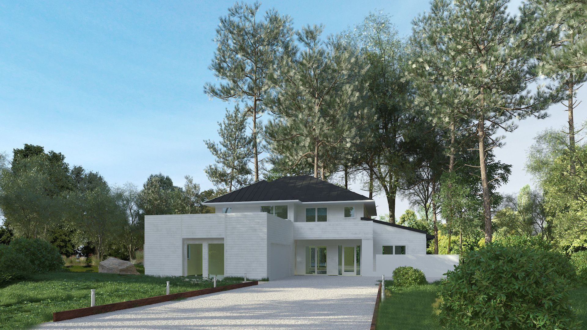 Modern white house with a black roof, trees in the background, and a gravel driveway under a blue sky.