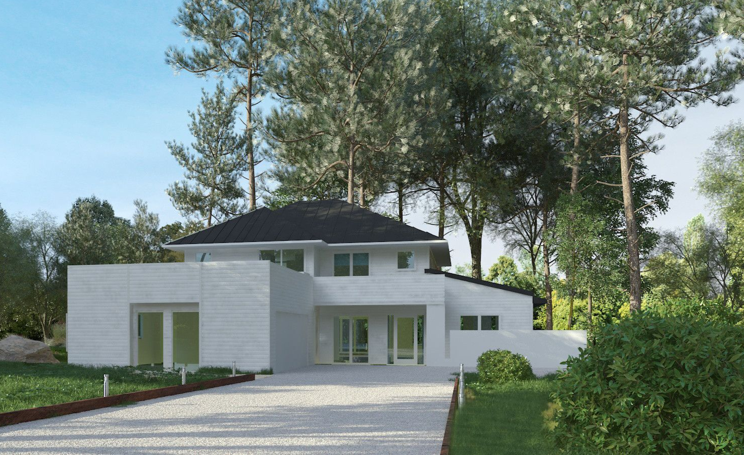 White modern house with a black roof, driveway, and surrounding trees.