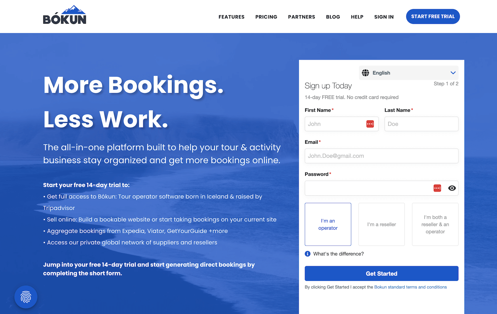 Bókun homepage: More Bookings. Less Work.