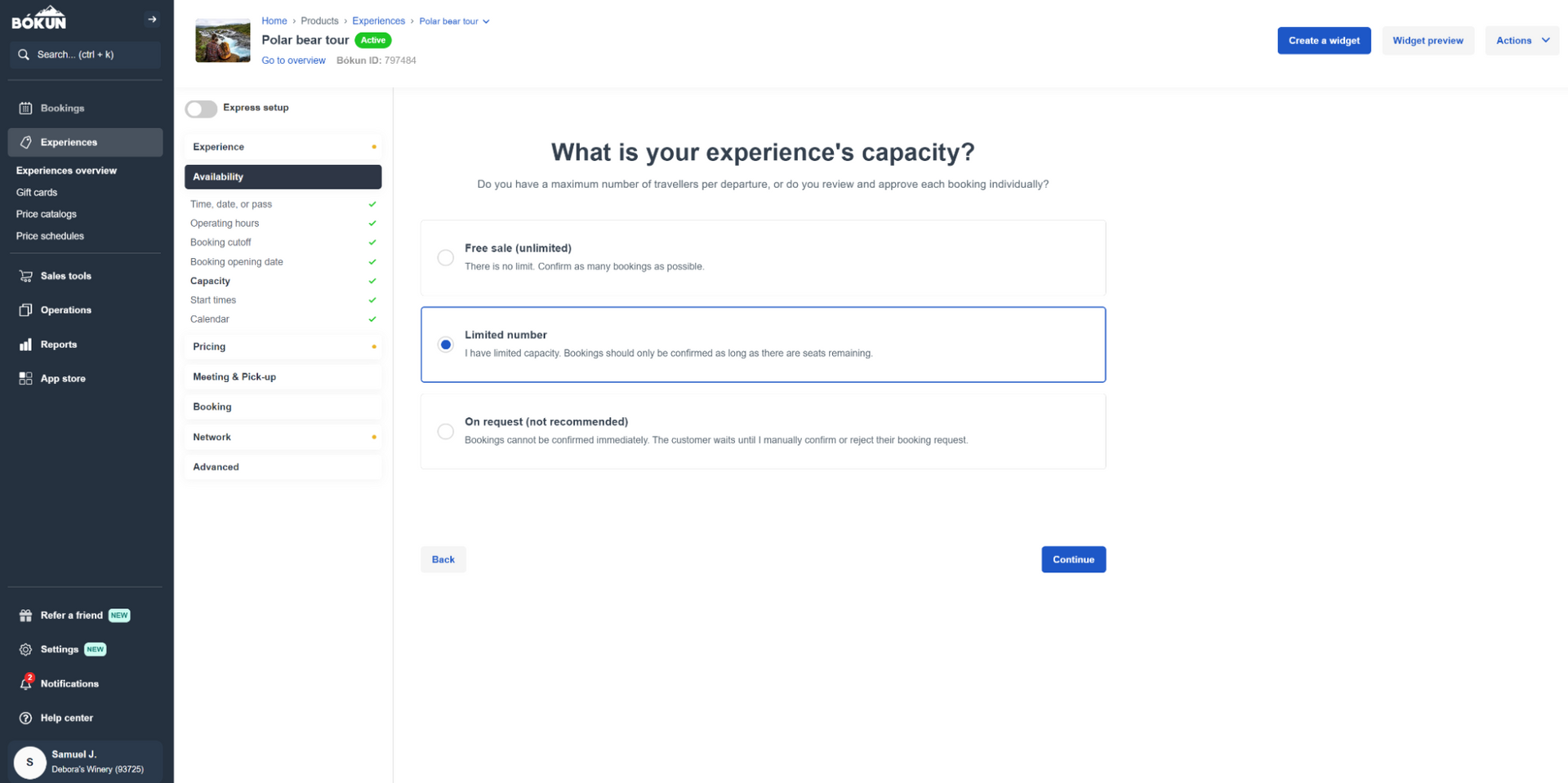What is your experience's capacity? (Free sale/unlimited, Limited number, On request)